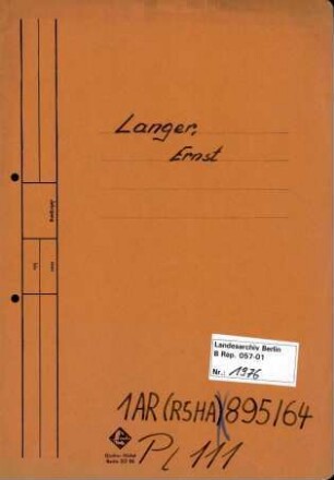 Personenheft Ernst Langer (*24.09.1905), Bankangestellter