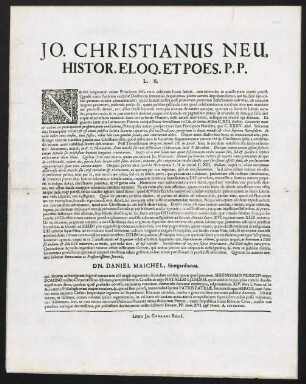 Jo. Christianus Neu, Histor. Eloq. Et Poes. P. P. L. S.