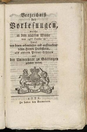 WS 1771: Verzeichnis der Vorlesungen // Georg-August-Universität Göttingen