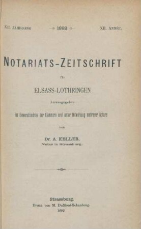 12.1892: Notariats-Zeitschrift für Elsass-Lothringen