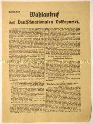 Programmatischer Wahl- und Beitrittsaufruf der Deutschnationalen Volkspartei mit Parteiprogrammatik anlässlich der Wahlen zur verfassungsgebenden Nationalversammlung