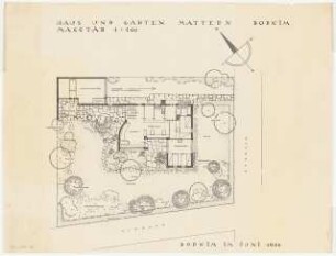 Haus und Garten Mattern, Potsdam-Bornim: Grundriss Haus und Gartenplan 1:100