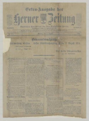 "Bekanntmachung. Mobilmachung befohlen. Erster Mobilmachungstag ist der 2. August 1914."