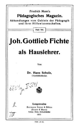 Joh. Gottlieb Fichte als Hauslehrer