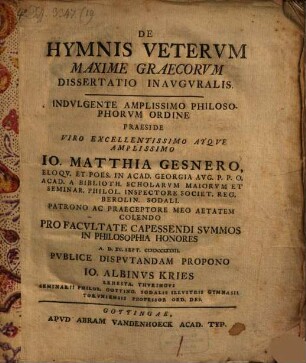 De hymnis Veterum, maxime Graecorum, dissertatio inauguralis