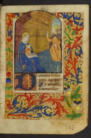 Vollbordürenseite mit Miniatur (Verkündigung), Initiale D und Blattrankenbordüre