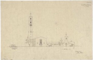 Gsaenger, Gustav; Erlangen - Süd (Bayern); Ev. Matthäus Kirche, Pfarrhaus und Gemeindesaal - Wettbewerb und Vorprojekt, Nordseite (Ansicht)