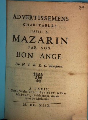 Advertissemens charitables faits à Mazarin par son bon ange