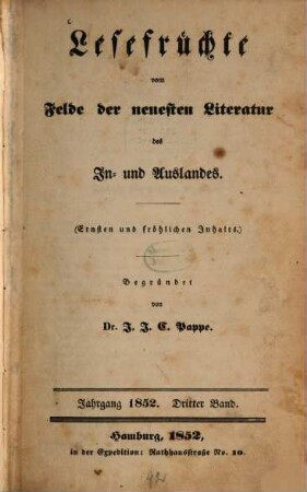 Lesefrüchte vom Felde der neuesten Literatur des In- und Auslandes. 1852,3