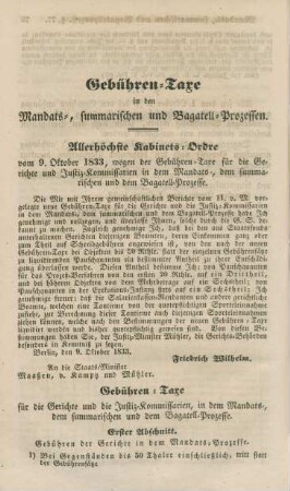 Gebühren-Taxe in den Mandats-, summarischen und Bagatell-Prozessen.