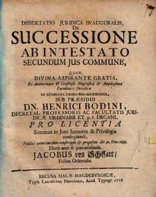 Diss. iur. inaug. de successione ab intestato secundum ius commune