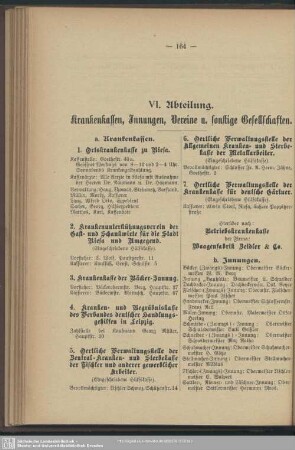 VI. Abteilung. Krankenkassen, Innungen, Vereine u. sonstige Gesellschaften
