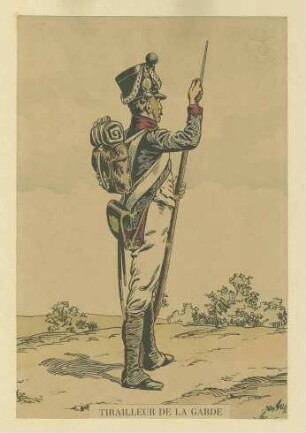 Stab Kaiser Napoleon I.: Schütze der Garde in Uniform, Mütze und Feldausrüstung, Gewehr reinigend, stehend, in Profil