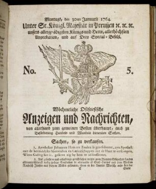 No. 5. Montags, den 30ten Januarii 1764.
