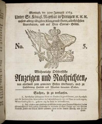 No. 5. Montags, den 30ten Januarii 1764.