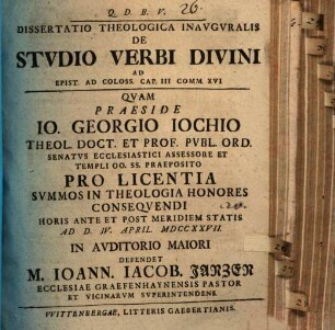 Diss. theol. inaug. de studio verbi divini, ad epist. ad Coloss. III, 16