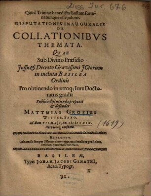 Disputationis Inauguralis De Collationibvs Themata