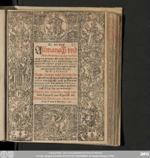 Alt vnd New || Allmanach vnd || Schreibcalender/ sampt verende=||rung des wetters/ mit eingefuͤrter Pra=||ctica/ auff das XIII Newscheinig vnd || Schaltjar/ ... || ... M. D. LXXXXII. || Welcher Calender ... || ... aus || rechter eigenschafft/ auch auff vnd ni=||dergang  || auff Magische art vnd weise: || Calculirt vnd beschrieben durch Leon=||hard Thurneis. zum Thurn D. etc.
