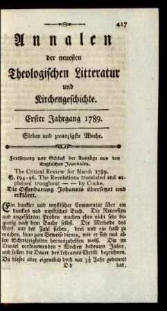 Sieben und zwanzigste Woche