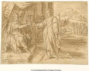 Ein Kardinal reicht einem links thronenden König einen Caduceus