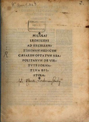 Nicolai Leoniceni Ad Excellentissimvm Medicvm Cæsarem Optatvm Neapolitanvm De Virtvte Formativa Epistola