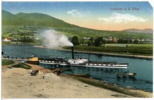 Lobositz. Blick auf Lobositz mit Elbe und Dampfer Kön. Carola