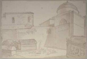 Dantes Grabmal und weitere Sarkophage auf dem Friedhof der San Francesco in Ravenna