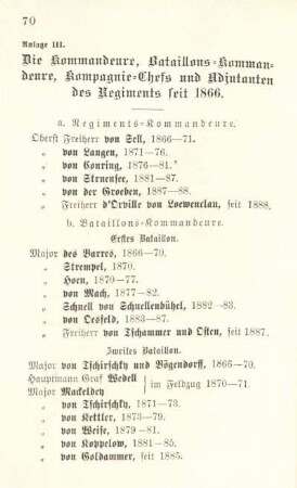 Anlage III. Die Kommandeure, Bataillons-Kommandeure, Kompagnie-Chefs und Adjutanten des Regiments seit 1866.