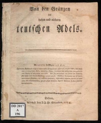 Von den Gränzen des hohen und niedern teutschen Adels