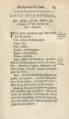 Liste des meubles, des armes, & des habits des Siamois, & des parties de leurs maisons