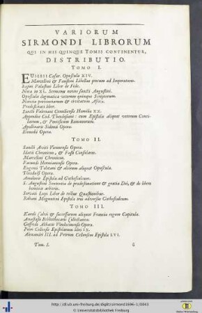 Variorum Sirmondi Librorum Qui In His Quinque Tomis Continentur, Distributio.