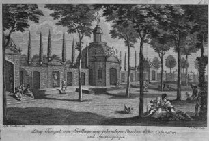 Hofgeismar, Ansicht des Kurparks mit drei Tempeln und Hecke