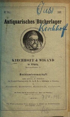 Antiquarisches Bücherlager von Kirchhoff & Wigand in Leipzig. 784. 1887