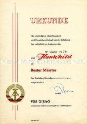 Urkunde zur Auszeichnung als "Bester Meister des Bereiches Maschinenbau"