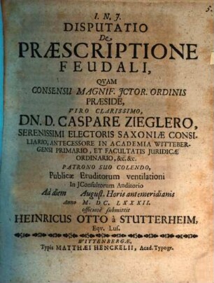 Disputatio De Praescriptione Feudali