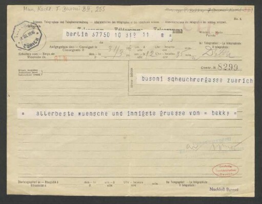 Telegramm an Ferruccio Busoni : 31.03.1916
