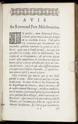Avis Au Reverend Pere Malebranche.