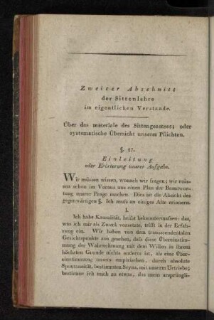 Zweiter Abschnitt der Sittenlehre im eigentlichen Verstande. Über das materiale des Sittengesetzes; oder systematische Übersicht unserer Pflichten.