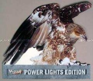 Werbeschild mit Werbeaufdruck für " West lights"-Zigaretten, "POWER LIGHTS EDITION"