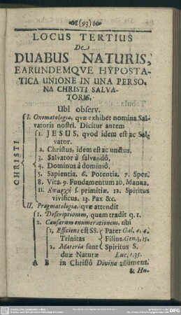 Locus Tertius De Duabus Naturis, Earundemque Hypostatica Unione In Una Persona Christi Salvatoris