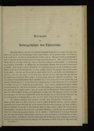 Vorwort zur Naturgeschichte des Thierreichs.