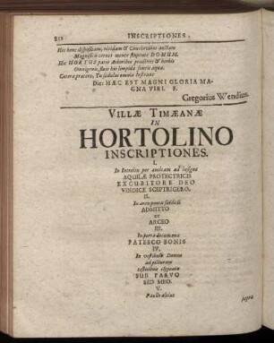 Villæ Timæanæ In Hortolino Inscriptiones.