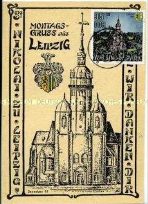 Postkarte zur Leipziger Montagsdemonstration, Motiv Nikolaikirche
