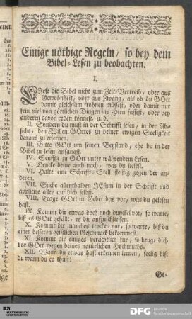 Einige nöthige Regeln / so bey dem Bibel-Lesen zu beobachten