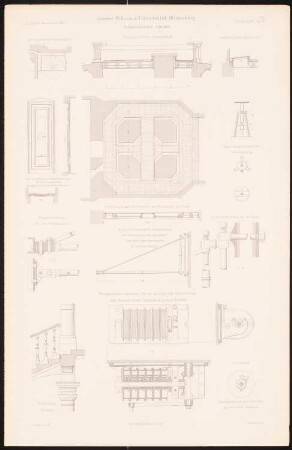 Physikalisches Institut: Ansichten, Schnitte Details (aus: Kaiser-Wilhelms-Universität, Straßburg. I. Das Physikalische Institut, 1884)