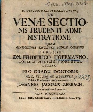 Dissertatio Inauguralis Medica, De Venae Sectionis Prudenti Administratione