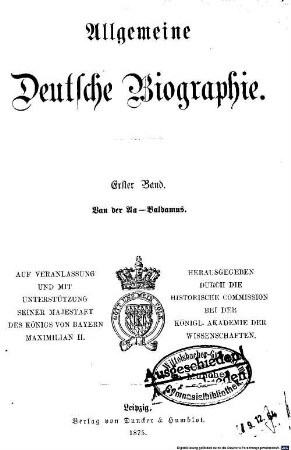 Allgemeine Deutsche Biographie, 1. Van der Aa - Baldamus