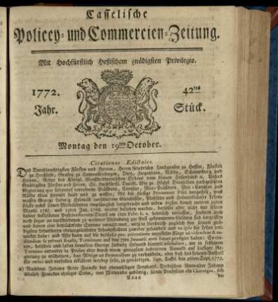 42tes Stueck, Montag den 19ten October 1772