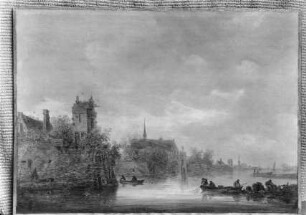 Flußlandschaft: Ruderboot mit drei Fischern