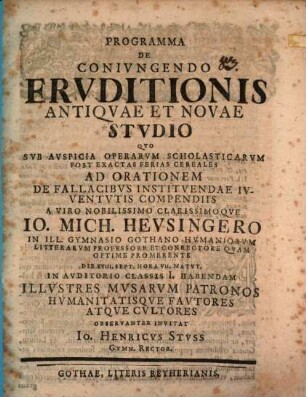 Programma de conivngendo ervditionis antiqvae et novae stvdio